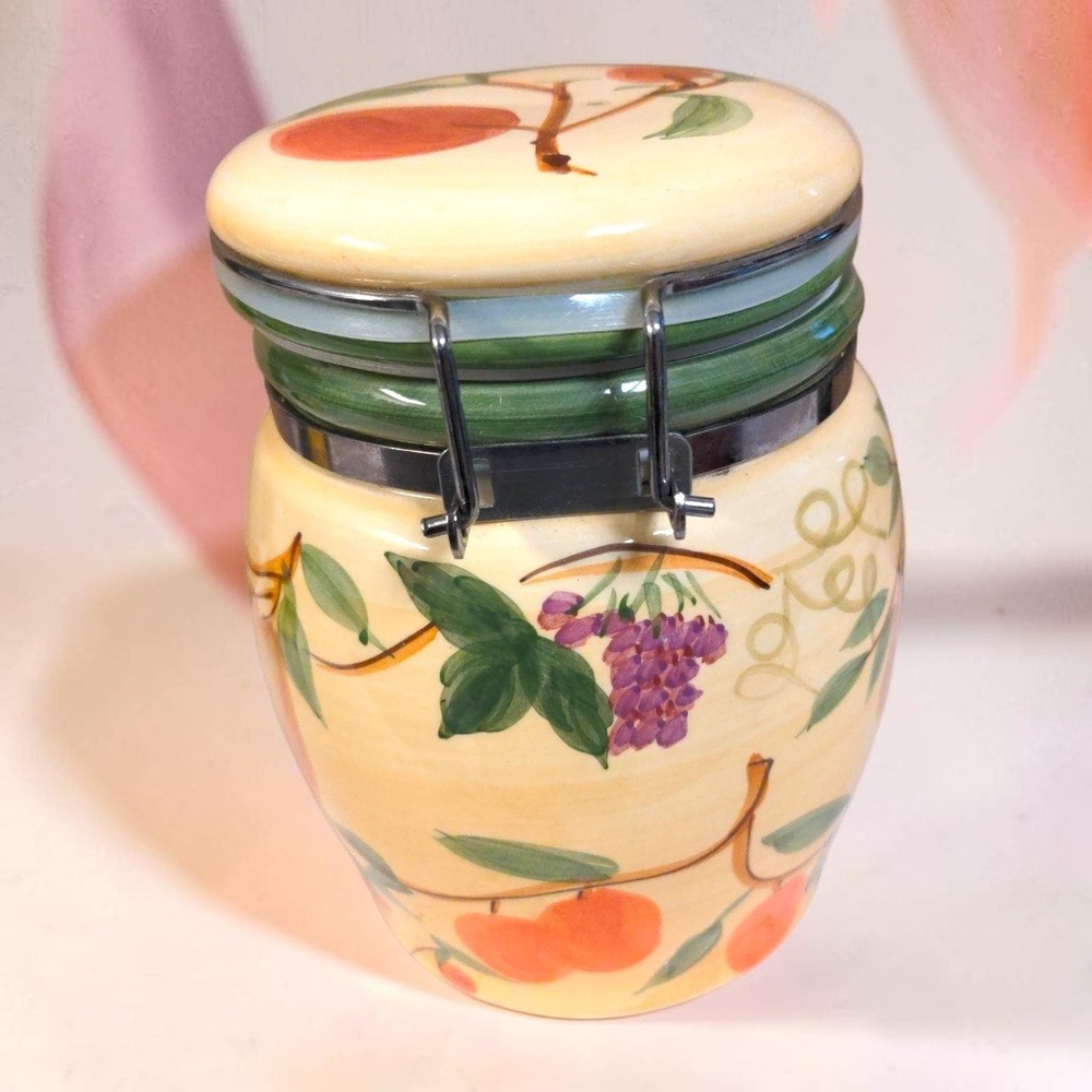 VTG 90's Designpac Ceramic Fruit Canister Jar Wire Clamp Tuscan Cottagecore 6.5"